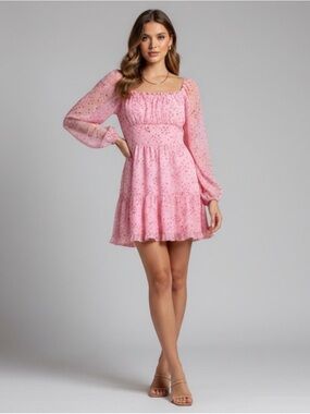 Mi Ami Pink Square-Neck Sheer-Sleeve Mini Dress Sz M Red Heart Print Romantic